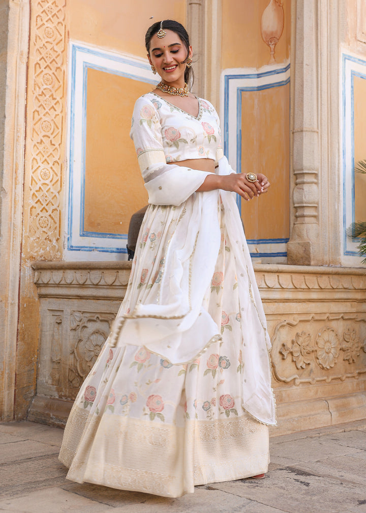 Savi White Floral Printed Jacquard Lehenga set