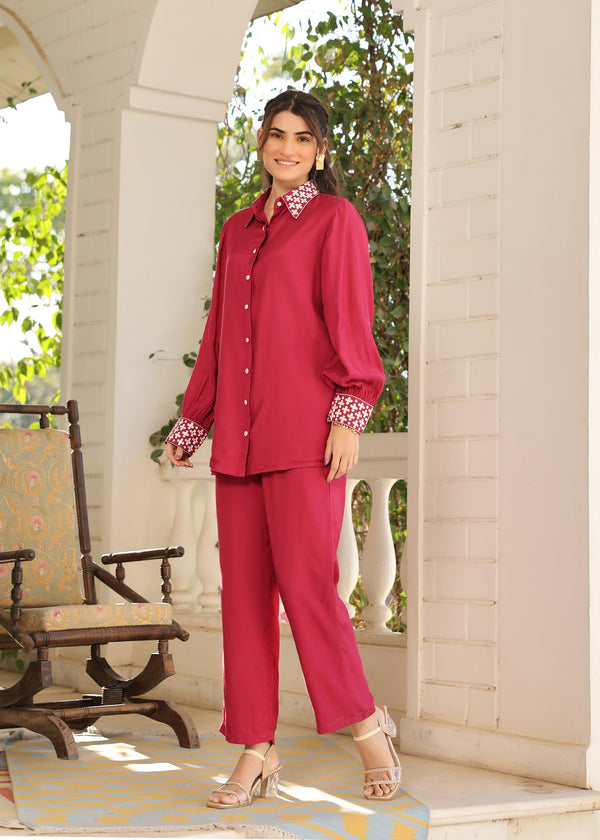 Kristy Viscose Maroon Embroidered Coord Set