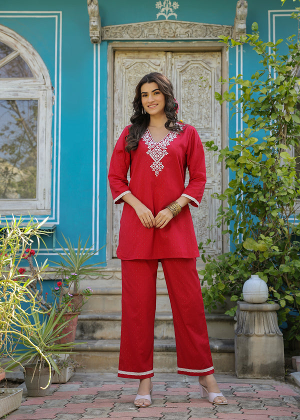 Belle Cotton Red Embroidered Coord Set
