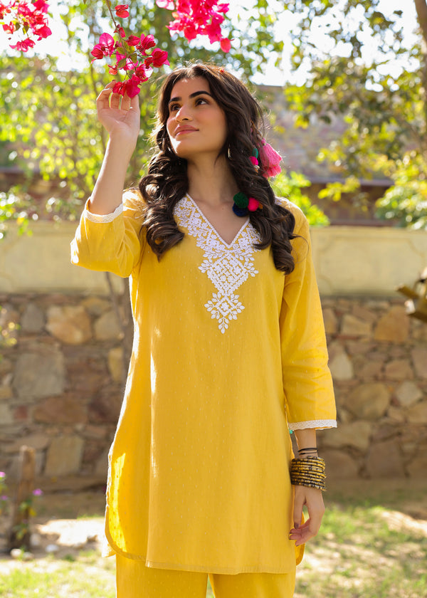 Clara Cotton Yellow Embroidered Coord Set