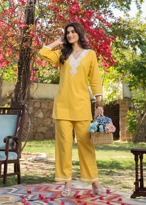Clara Cotton Yellow Embroidered Coord Set