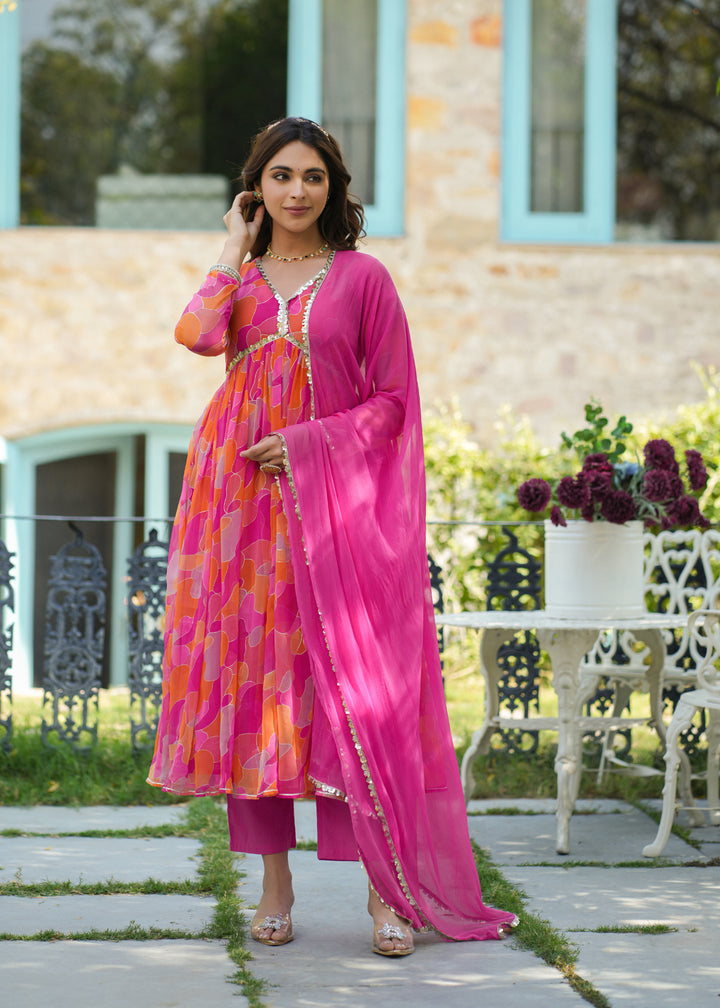 Vamika Pink Georgette Printed Alia Cut Suit Set