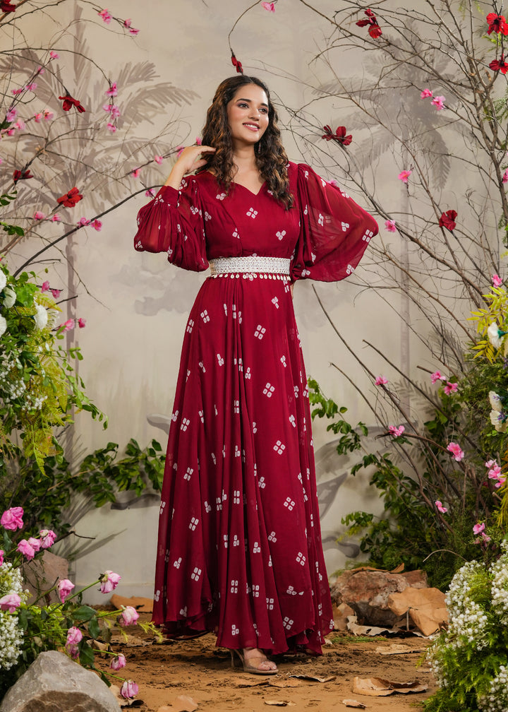 Maheep Red Bandhej Gown With Belt