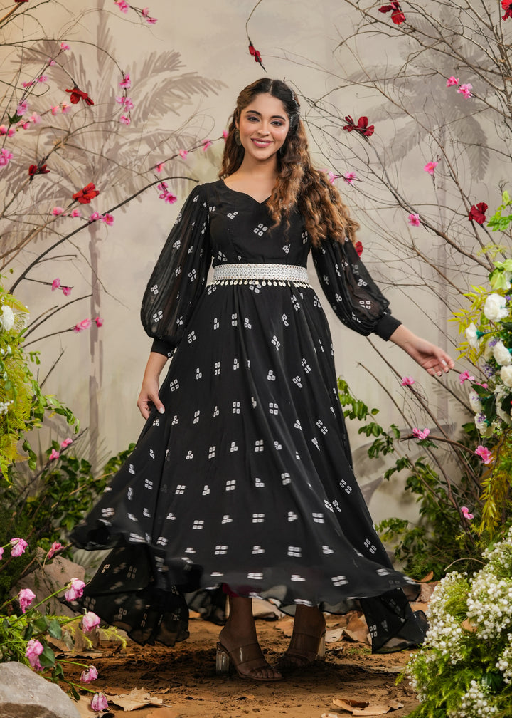 Kalki Black Bandhej Gown With Belt