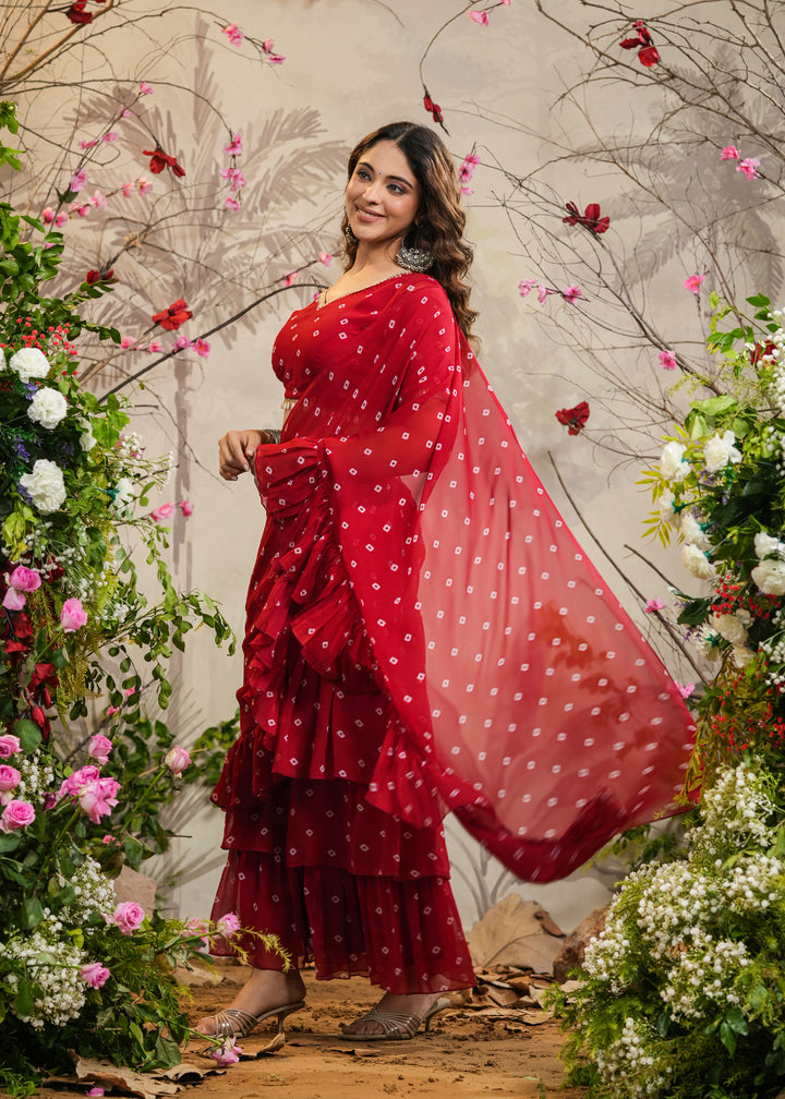 Palki Red Bandhej pre-Draped Saree