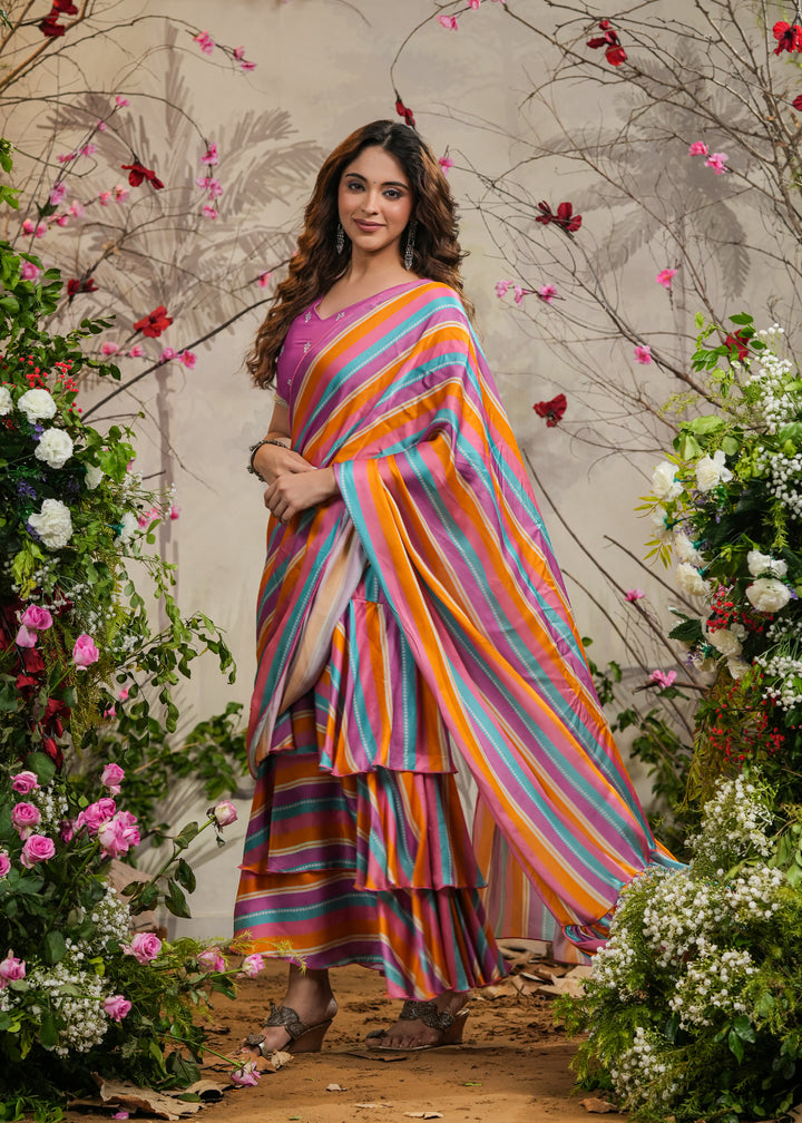 Satrangi Strips Lavender Pre-Draped Saree