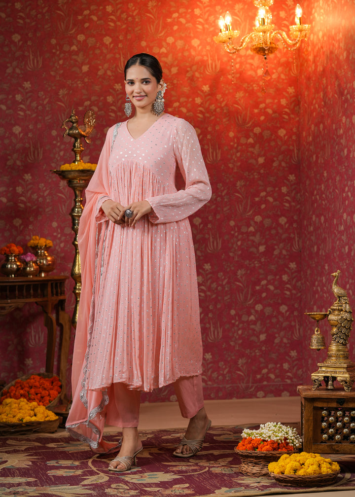 Krisha Peach Lurex Flared Kurta With Pant & Dupatta