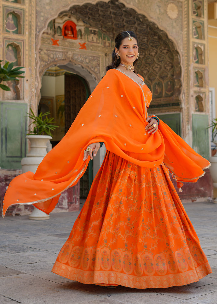 Kesar Orange Silk Jacquard Printed Lehenga set
