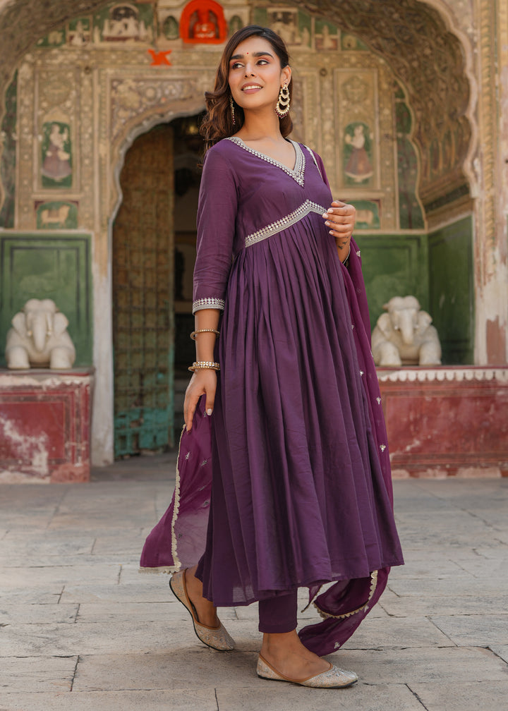 Niti Purple Embroidered Alia Cut Suit set with Dupatta