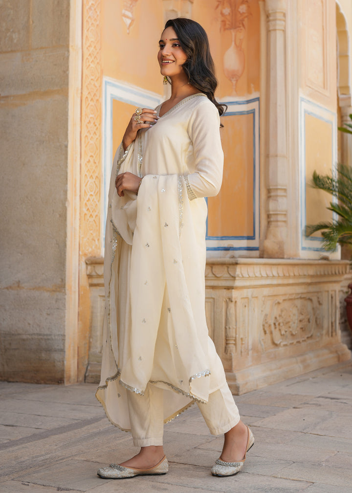 Ishin Ivory Embroidered Chanderi Straight Suit set with Dupatta