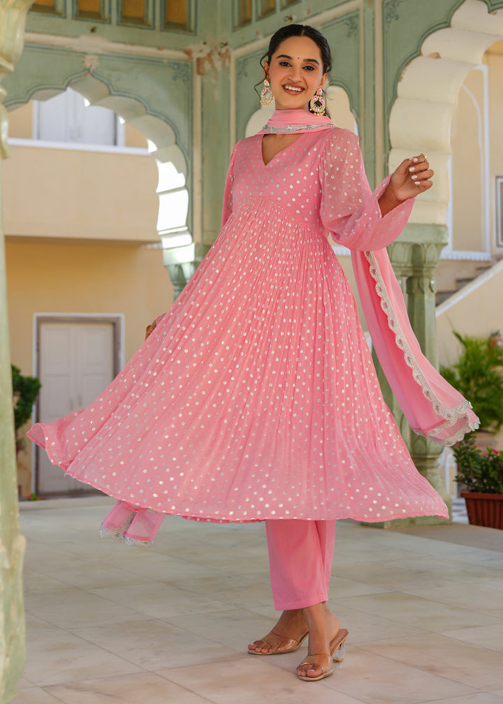 Blossom Pink Lurex Flared Kurta With Pant & Dupatta