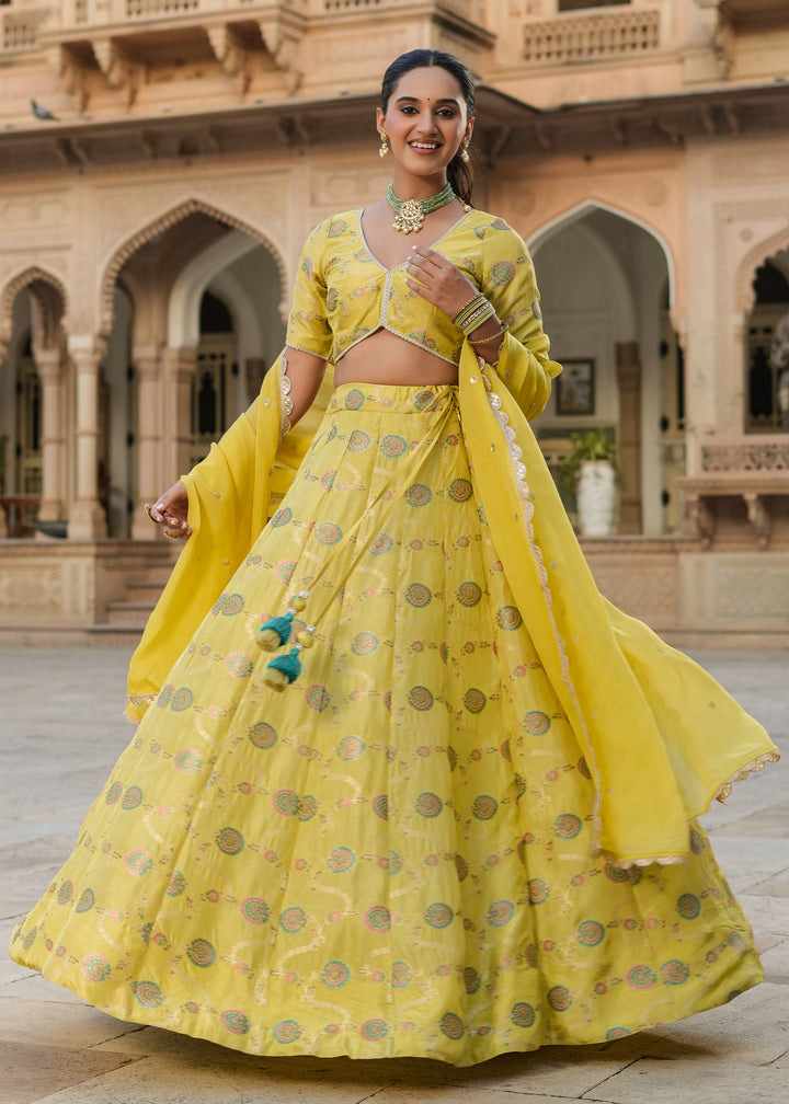 Prashi Lime green Silk Jacquard Printed Lehenga set