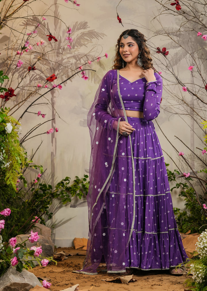 Nimrat Purple Bandhej Tiered Lehenga Set
