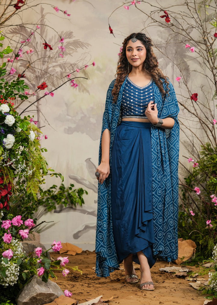 Geet Teal Bandhej Draped Skirt Cape Set