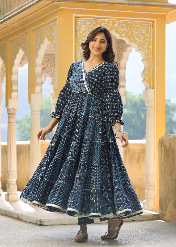 Navya Printed Blue Angrakha Tiered Kurta With pant