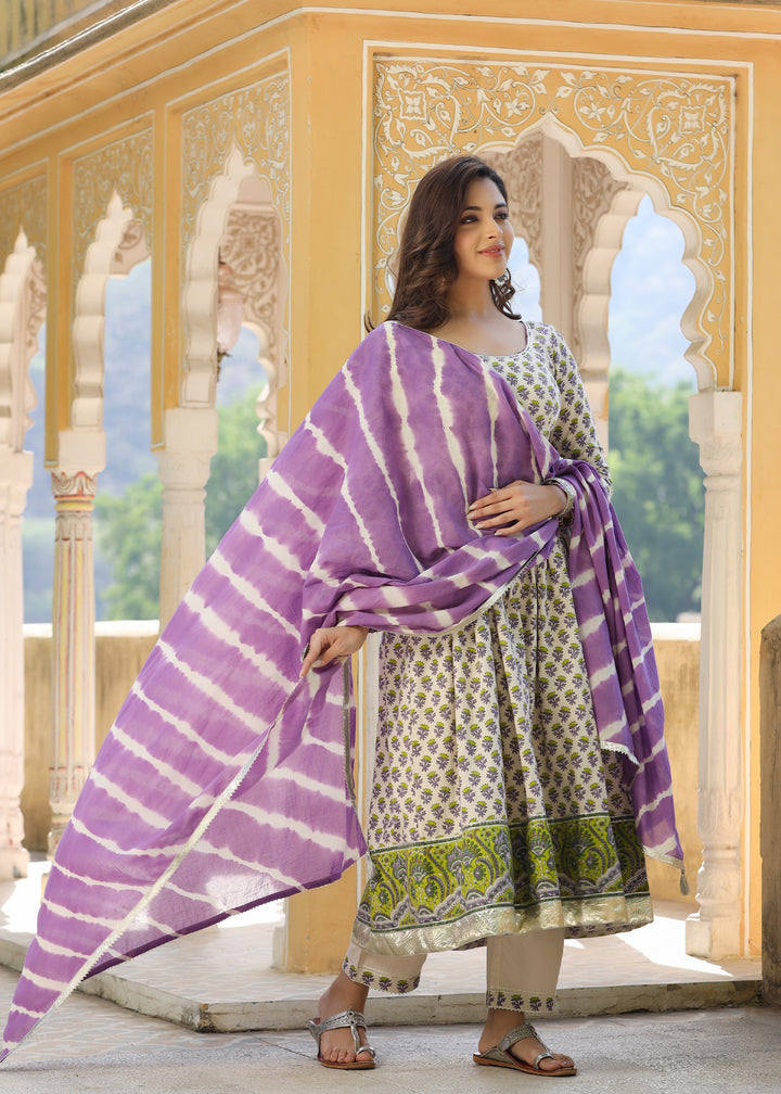 Barkha Block Printed Lavender Anarkali Kurta With pant & Dupatta