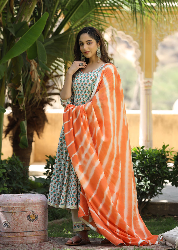 Kesariya Block Printed Orange Anarkali Kurta With pant & Dupatta