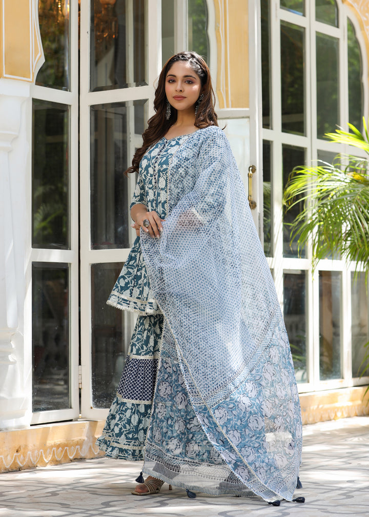 Nivisha Printed Blue Flared Kurti With Sharara & Dupatta
