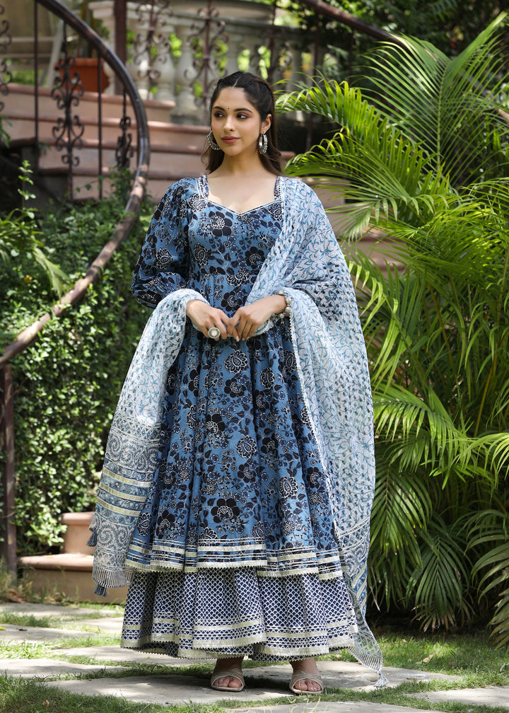 Neerja Printed Blue Layered Dress with Dupatta