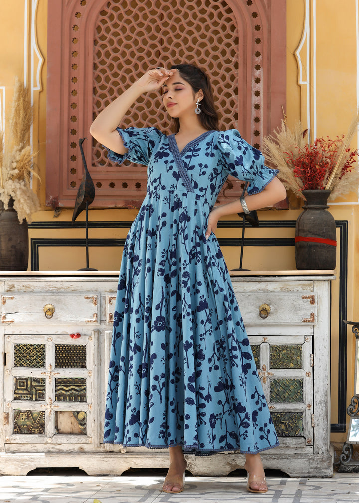 Nilaksh Printed Blue Angrakha Puff Sleeves Dress