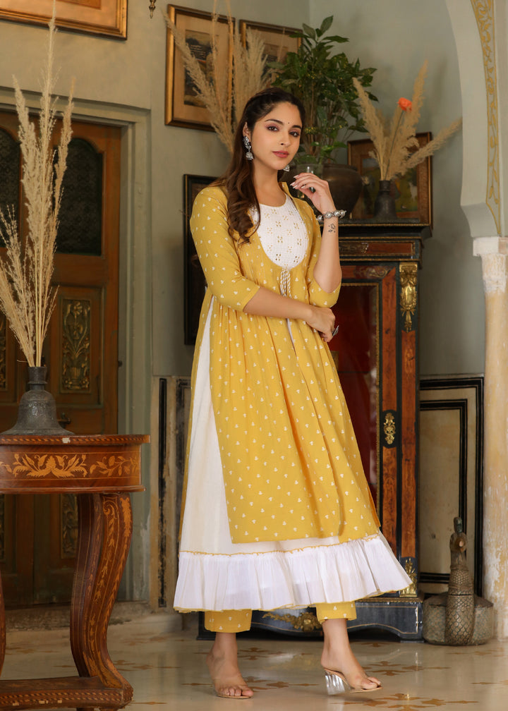 Saira White Tiered Kurta & Yellow Printed Shrug With Pant