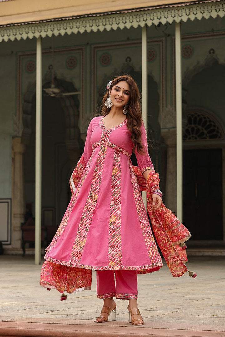 Gulabsah Pink Alia Cut Paneled Long Flared Kurta With Pant And Dupatta