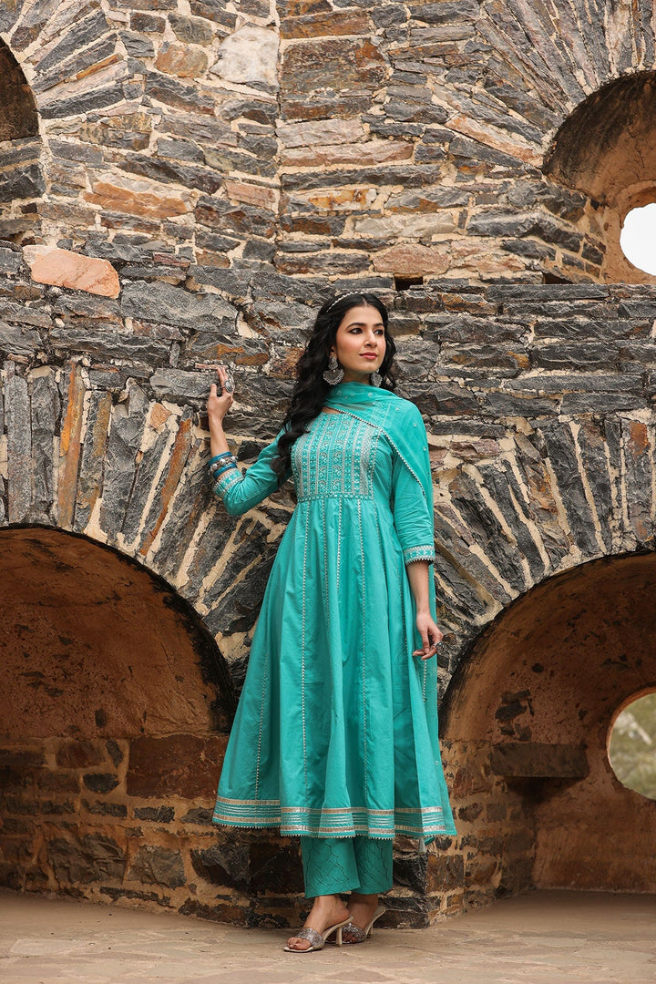 Deewani Green Anarkali Gota Lace Kurta With Pant And Dupatta