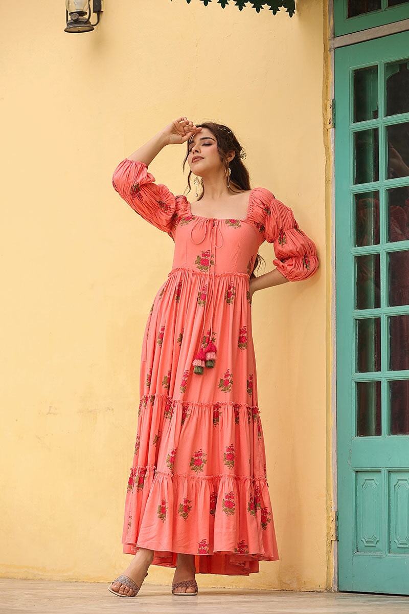 Masakali Peach Tiered Long Dress – EverBloom