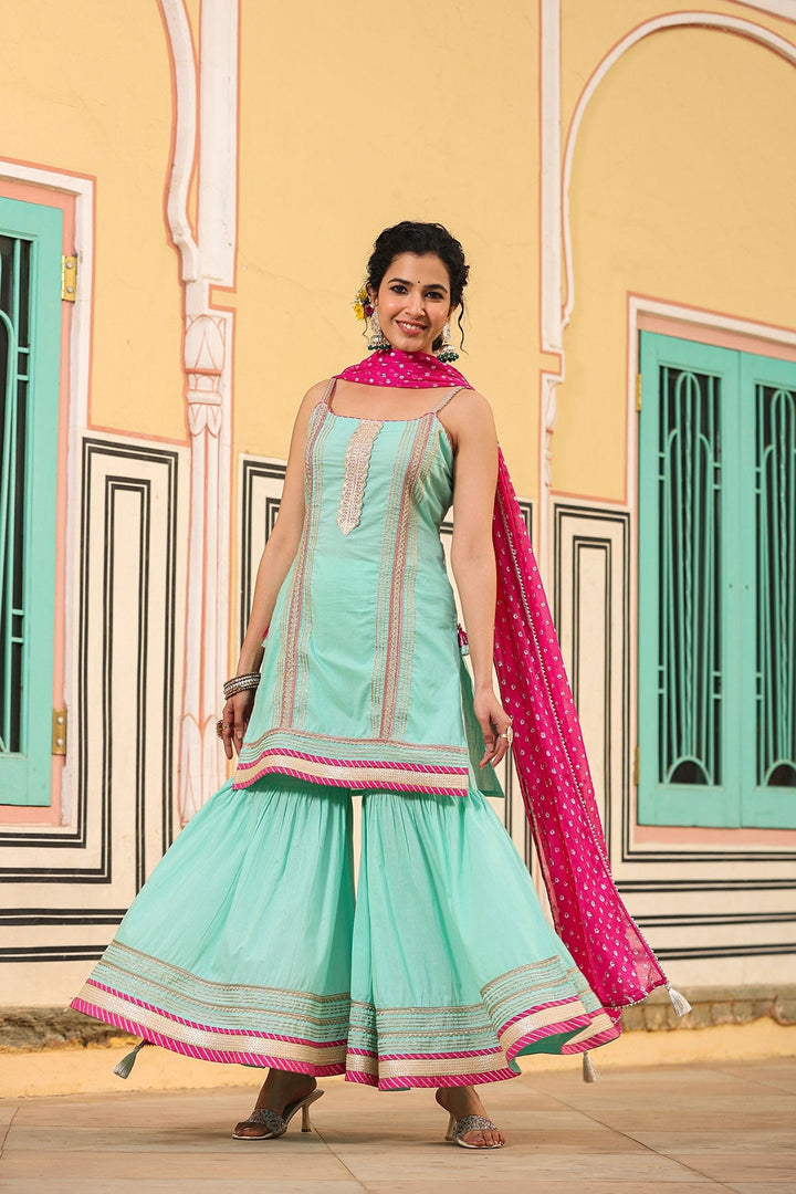 Aarika Sharara Contrasting Strappy Lace Suit Kurta With Sharara And Dupatta