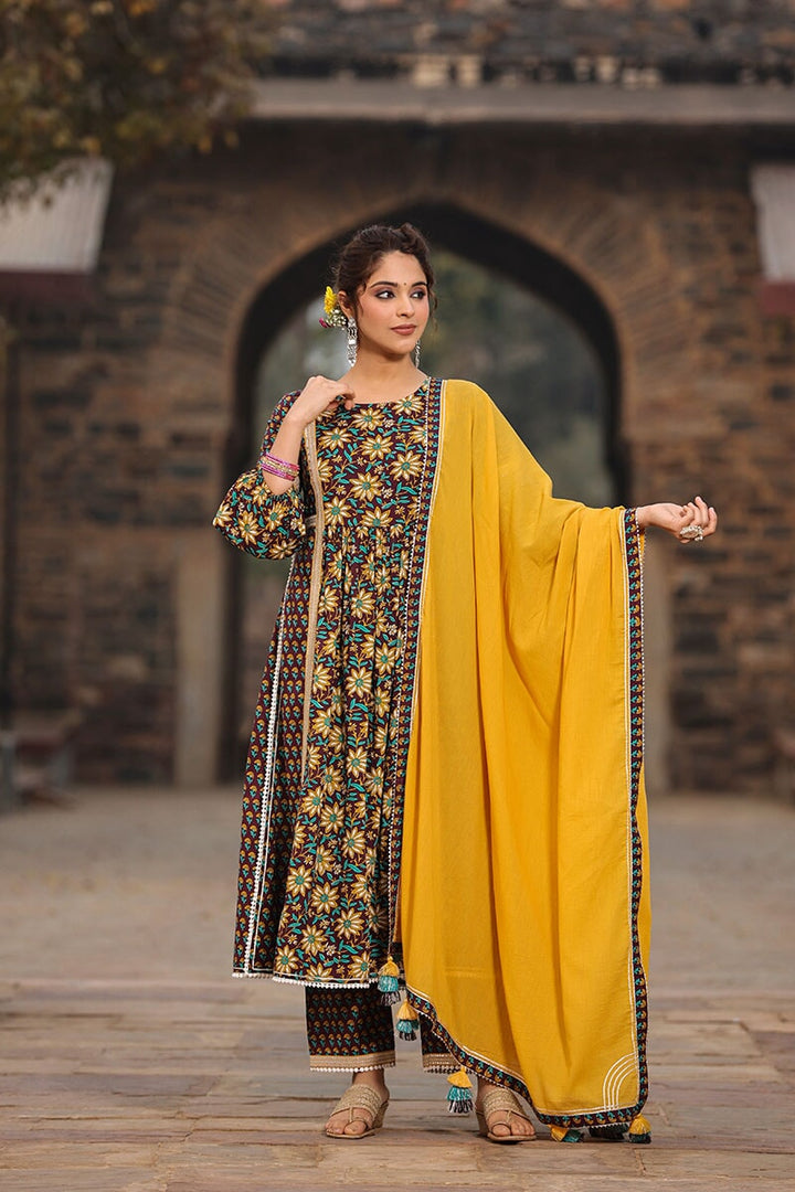 Veeda Brown Floral High Slit Suit With Pant And Dupatta