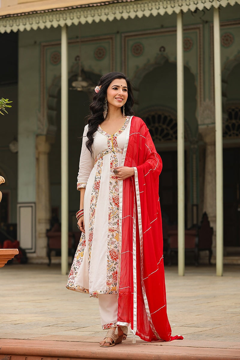 Eira White Alia Cut Paneled Long Flared Kurta With Pant And Dupatta EverBloom Eira White Alia Cut Paneled Long Flared Kurta With Pant And Dupatta EverBloom
