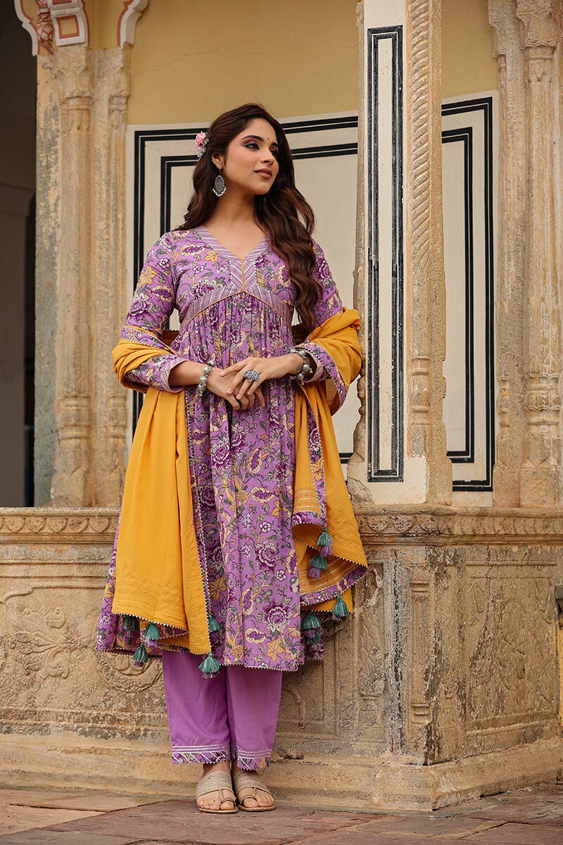 Pastel Lavender embroidered alia cut Kurta set
