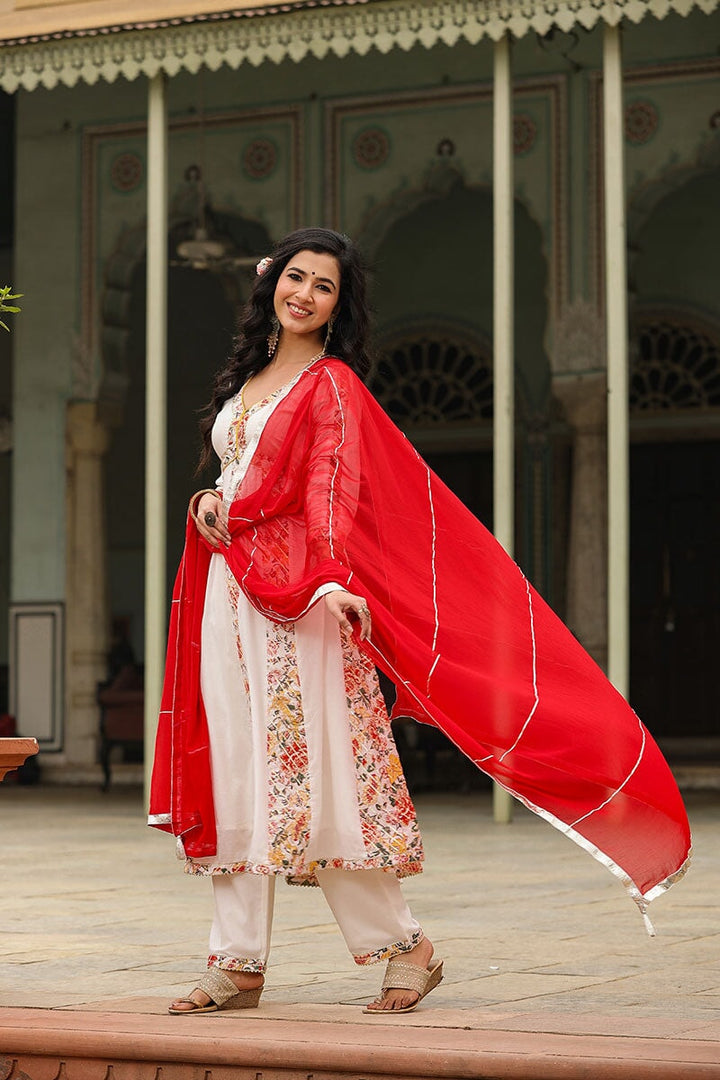 Eira White Alia Cut Paneled Long Flared Kurta With Pant And Dupatta