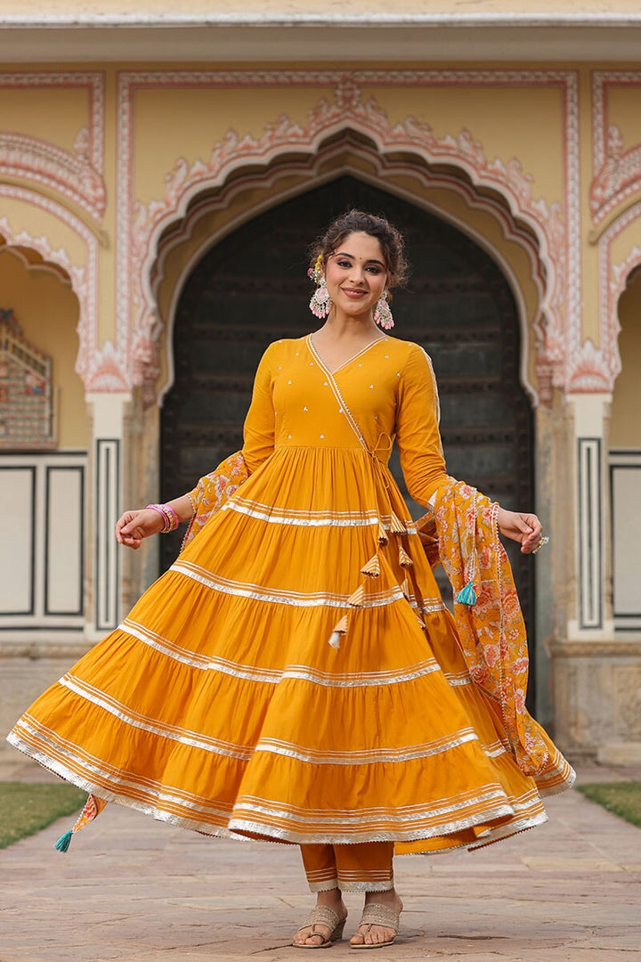 Tooba Angrakha Tiered Solid Suit Set With Pant And Dupatta