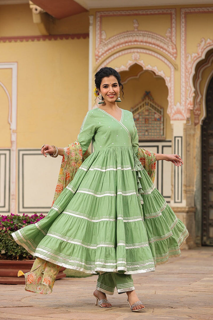 Zara Angrakha Solid Tiered Suit Set With Pant And Dupatta