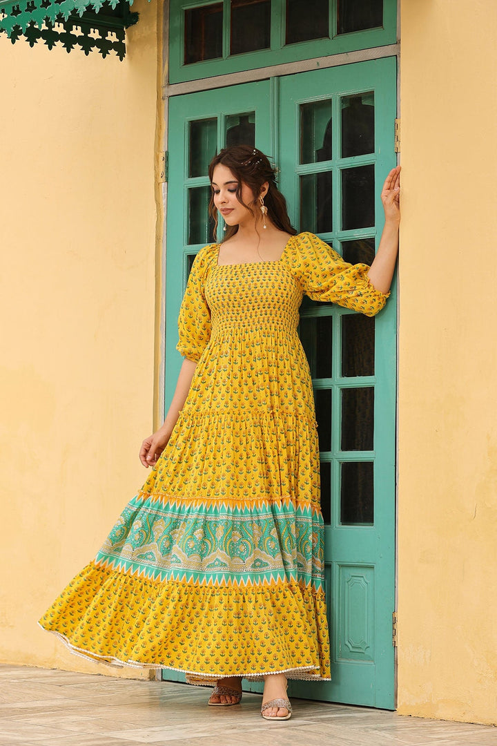 Haseena Block Printed Tiered Long Dress