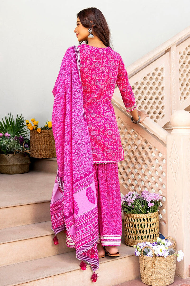 Gulbahar Printed Pink Embroidered Straight Kurta With Sharara & Dupatta