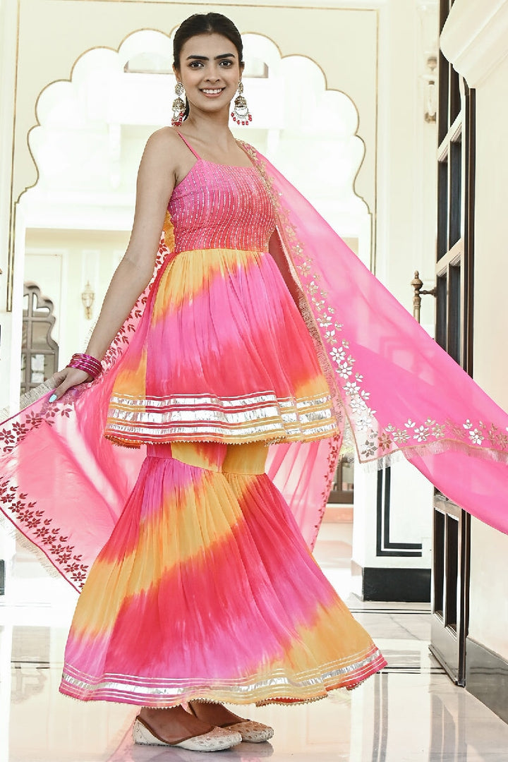 Khila Pink-Yellow Embroidered Spaghetti Kurta with Sharara & Gota Patti Dupatta
