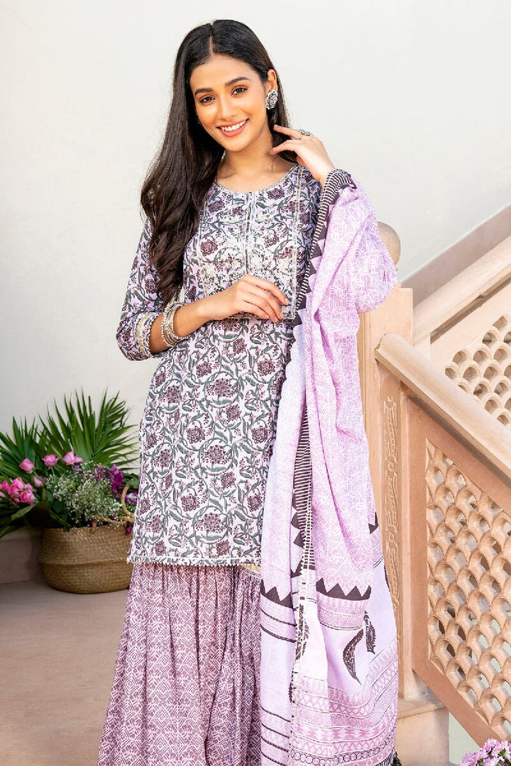 Lubna Printed Light Purple Embroidered Straight Kurta With Sharara & Dupatta