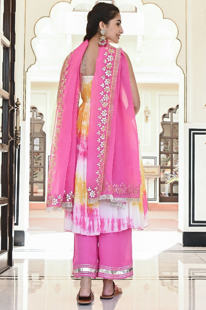 Manchali Yellow-Pink Embroidered Spaghetti Kurta With Pant & Gota Patti Dupatta
