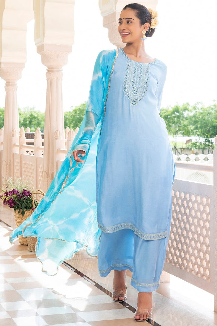 Naazneen Light Blue Embroidered Straight Kurta With Pant & Dupatta
