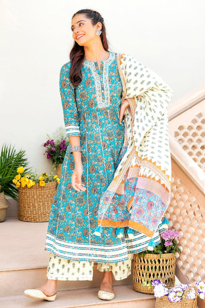 Nazreen Printed Blue Embroidered Flared Kurta With Pant & Dupatta