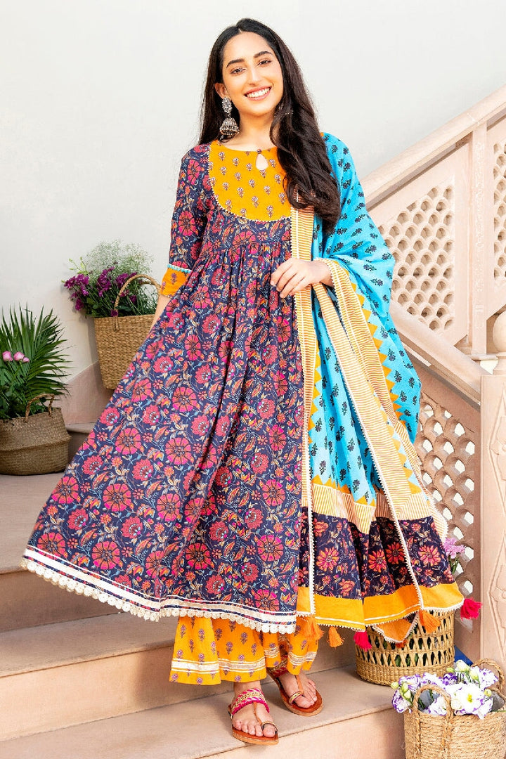 Noorani Printed Purple Sequins Flared Kurta With Pant & Dupatta