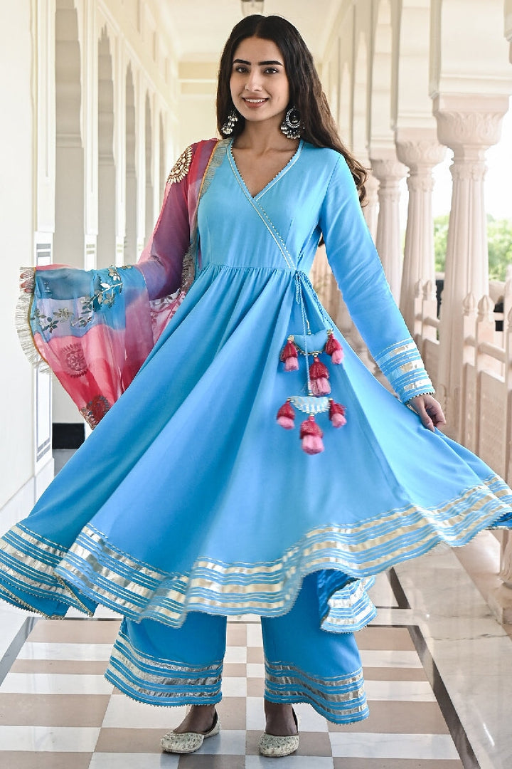 Raagni Solid Blue Angrakha Flared Kurta With Pant & Dupatta