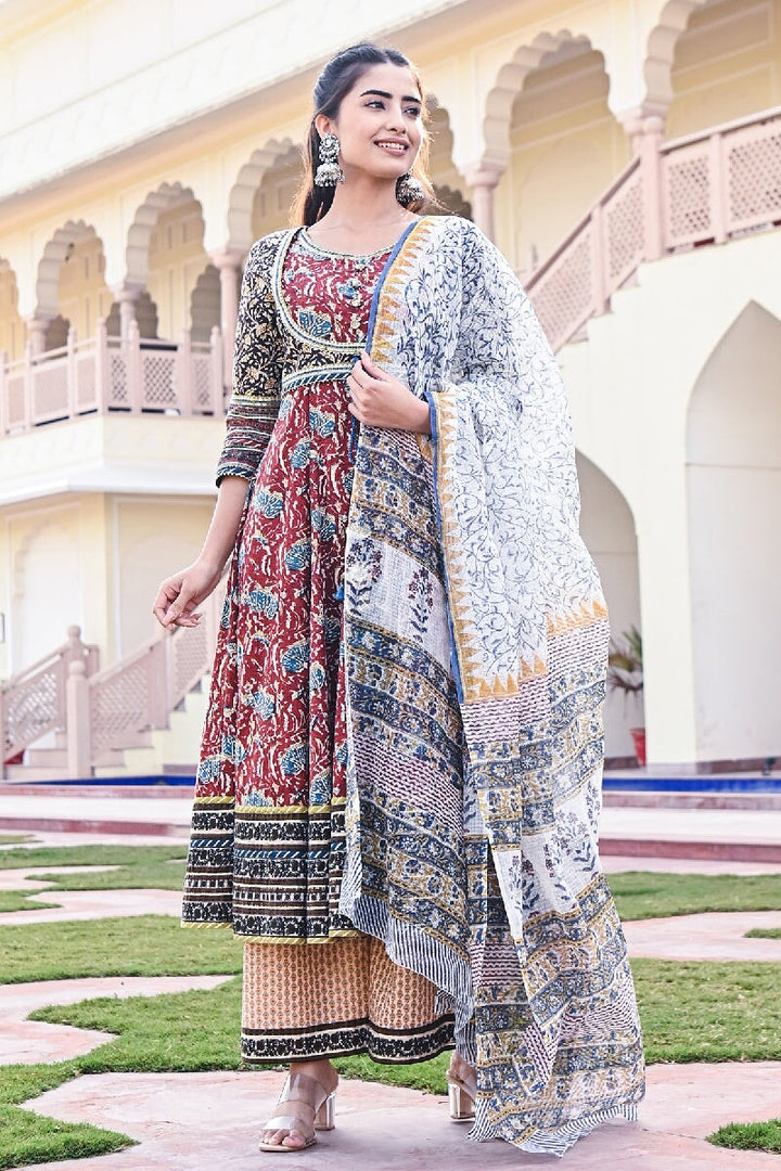 Riwaj Printed Red-Deep Green Embroidered Flared Kurta With Wide Leg Pant & Dupatta