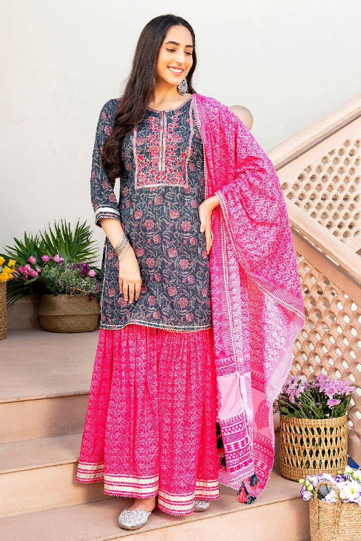 Samrina Printed Blue Embroidered Straight Kurta With Sharara & Dupatta