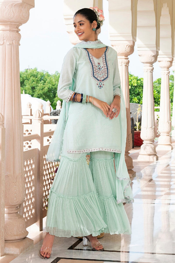 Sehaj Light Green Embroidered Straight Kurta With Sharara & Dupatta