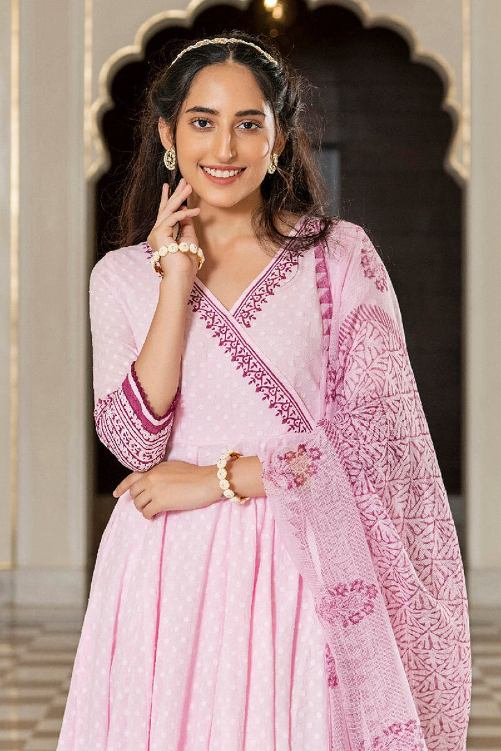 Zoya Light Pink Handblock Printed Angrakha Kurta With Pant & Dupatta