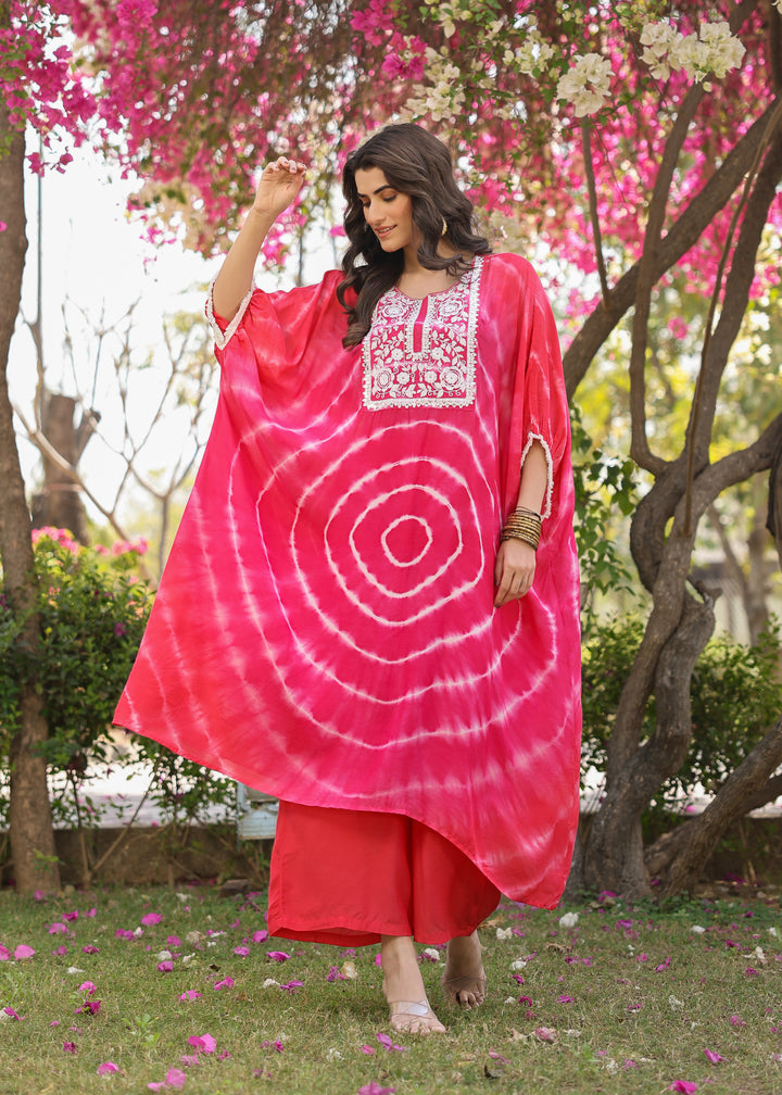 Tiya Viscose Pink Multicolor Tie dye Kaftan Coord Set