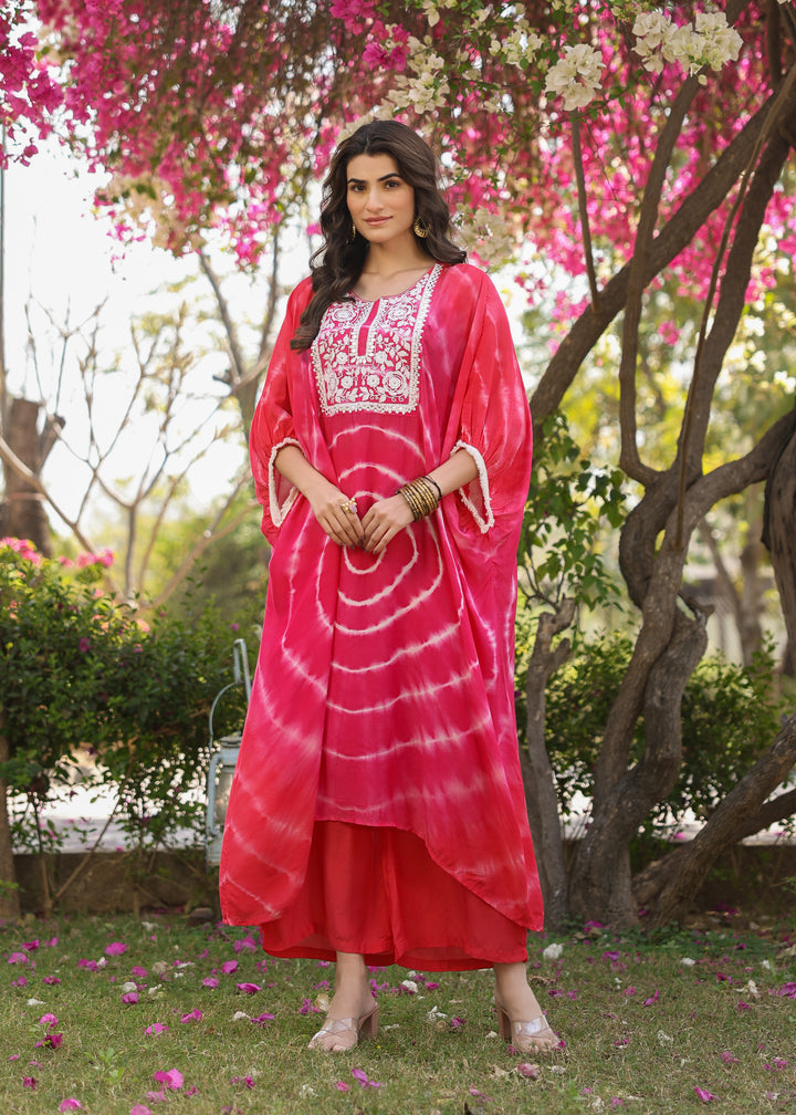 Tiya Viscose Pink Multicolor Tie dye Kaftan Coord Set